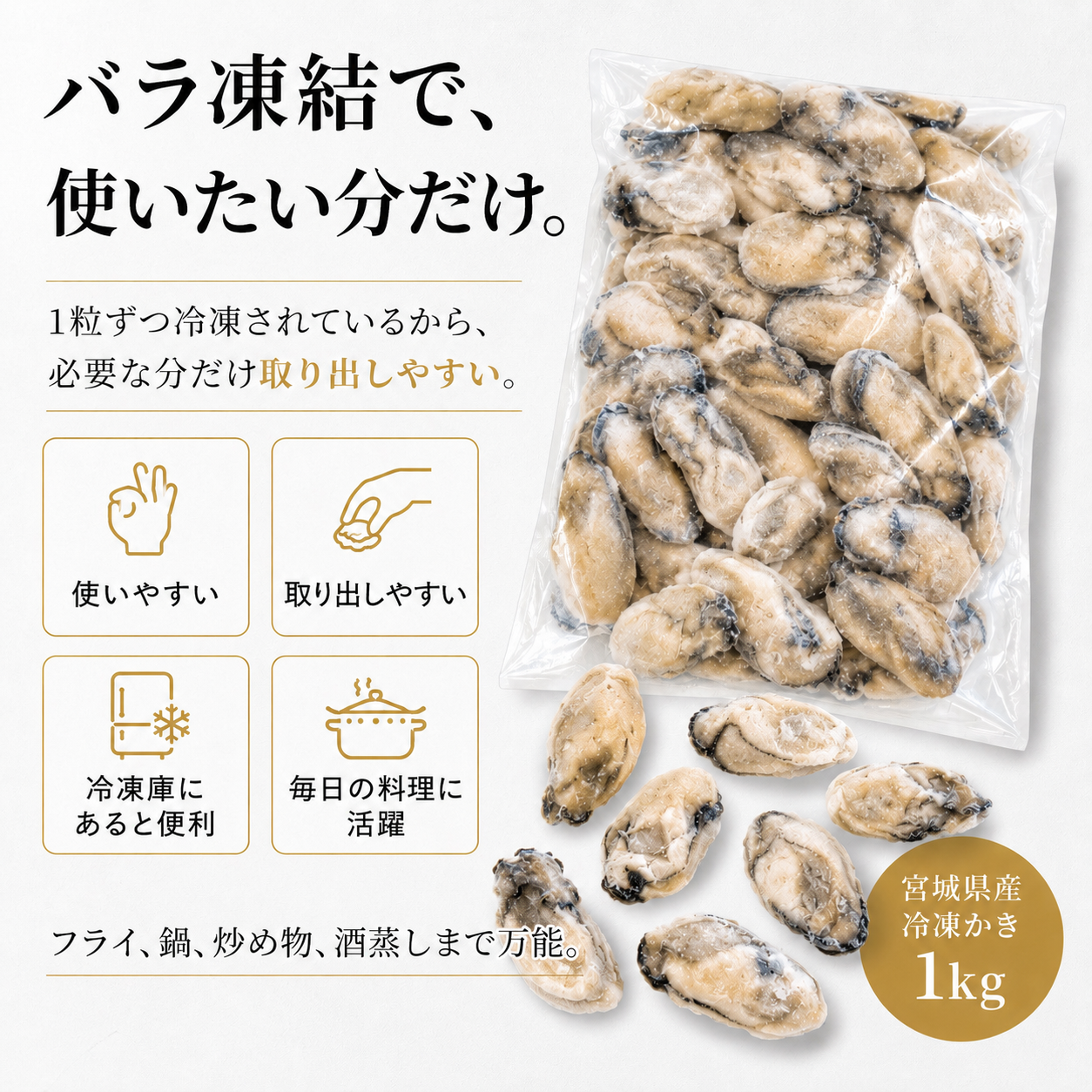 【宮城県産】冷凍むき牡蠣 1kg 加熱用 バラ凍結 訳あり 無選別